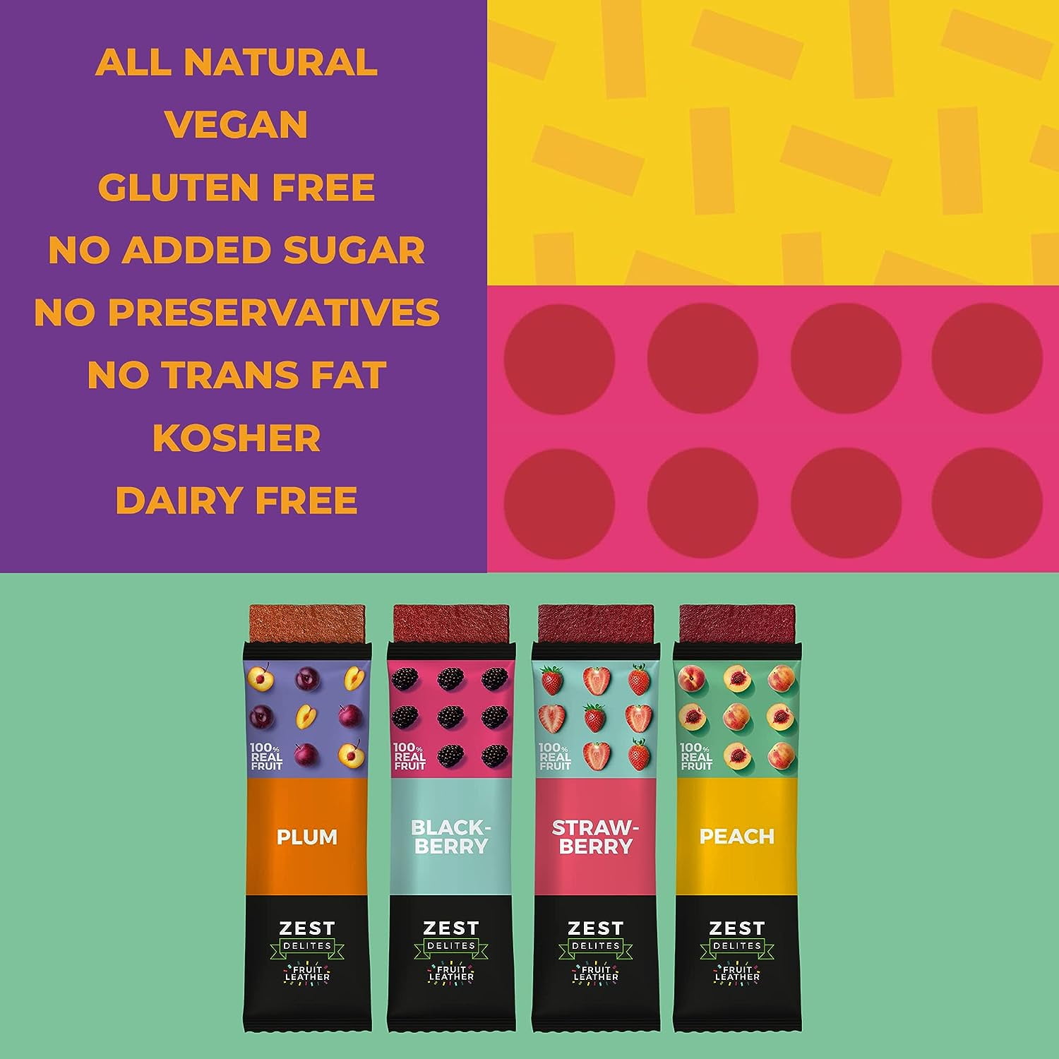 Zest Delites Fruit Leather Snacks, Vegan Healthy Snacks for Adults & Kids , Pack of 36
