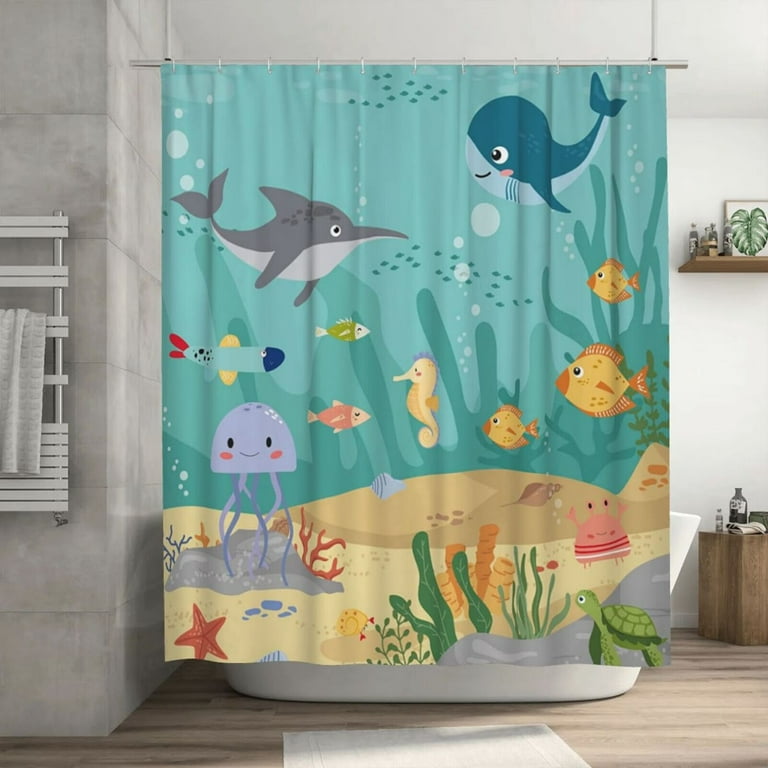 Fish Underwater Kids Shower Curtain Bathroom Shark Whale Ocean Sea
