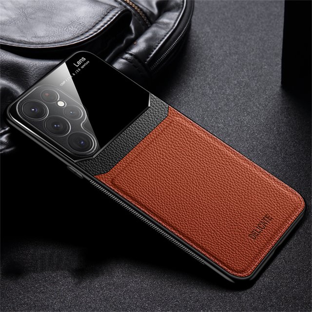 for Samsung Galaxy S23 Ultra,Premium Leather Case Camera Lens Protection Slim Lightweight Non-Slip Shockproof Protective Cover,6.8" ,Brown