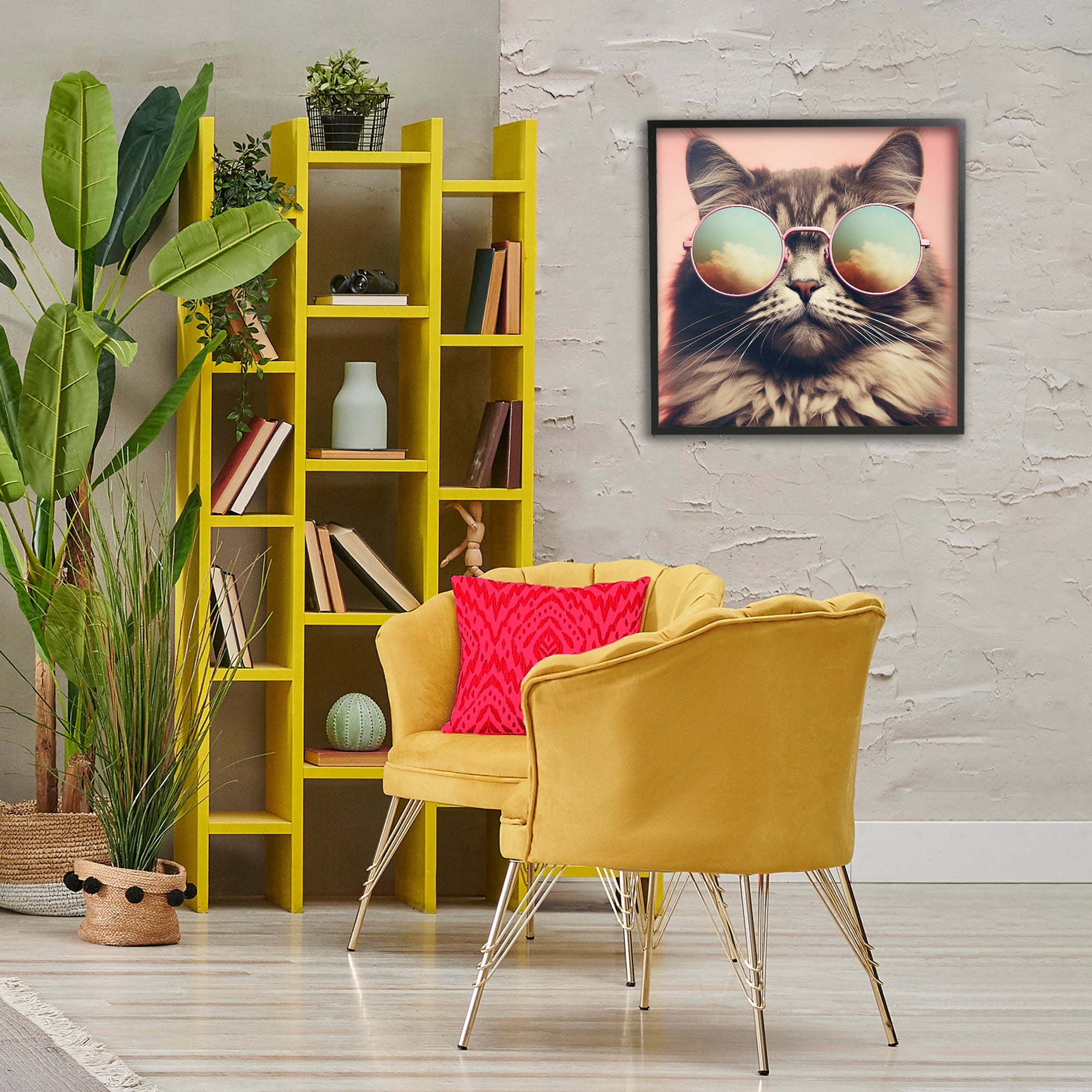 Stupell Industries Cat & Cloud Reflection Glasses Animals & Insects Painting Black Framed Art Print Wall Art, 24 x 24