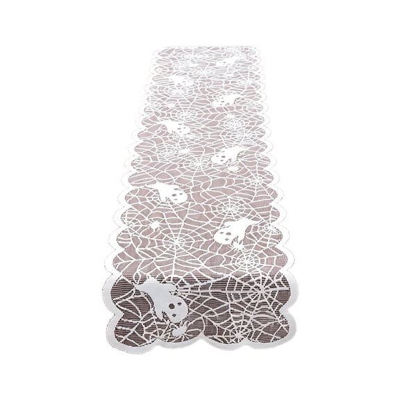 Halloween Ghost Table Runner, White Lace Table Runners with Ghosts & Spider Web Embroidered for Holiday Party Fireplace Dining Room Kitchen Home Decor