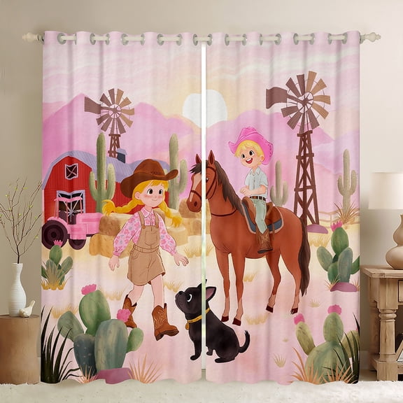 Manfei Cute Cowboy Cowgirl Blackout Curtains Set of 2 (52x84 Each),Rustic Western Farmhouse Window Curtains,Tropical Botanical Cactus Curtains and Drapes For Boys Girls,Luxury Bedroom Decor