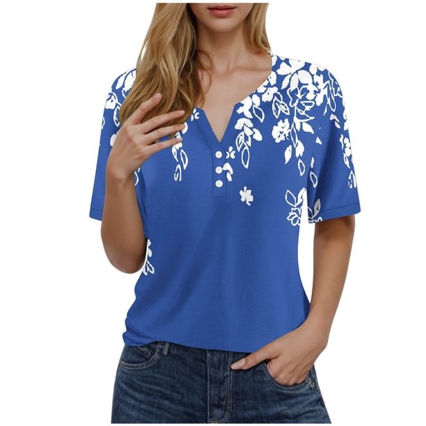 Blusas de Manga Corta para las Mujeres Impresas Cuello Redondo Casual Top, Blusa de Algodón de Imitación para el Hogar Y Diario