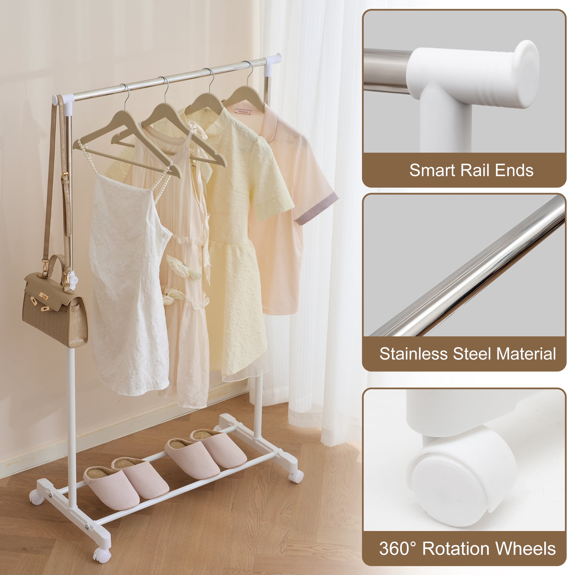 Clothing Rack with Wheels, Adjustable Height Rolling Garment Rack, Rolling Clothes Organizer Metal Chrome, White