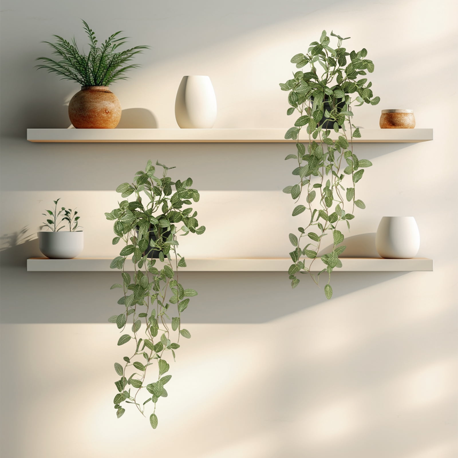 PARMPH 2 Packs Artificial Hanging Plants with Pot, 34'' Long Green Stems Vines Fake Potted Plants, Small Faux Plants in Pot for Home Room Shelf Indoor Outdoor Decor, Green Wesh Leaves