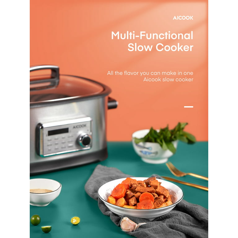 Aicook SH-MC522 Slow Cooker, 10 in 1 Programmable Cooker, 6qt Stainless Steel