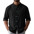 thumbnail image 3 of UVEASISHA Linen Shirts for Men Roll Up Long Sleeve Beach Shirt Stand Collar Casual Chinese Frog Button Shirts Solid Color Vacation Wear Black L, 3 of 8