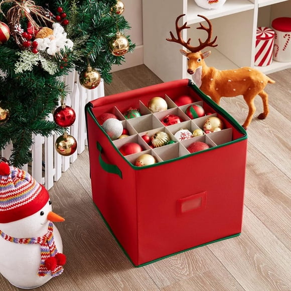 Christmas Ornament Storage Box for 3” Xmas Ornaments - Box Contributes Slots for 64, Nonwoven Tear-Proof in Red