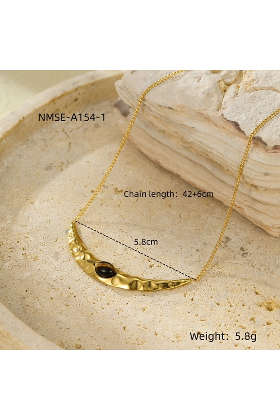18K Gold Plated Hammered Crescent Moon Necklace - Stainless Steel with Natural Stone Cabochons, Tarnish-Free Vintage Boho Choker for Women