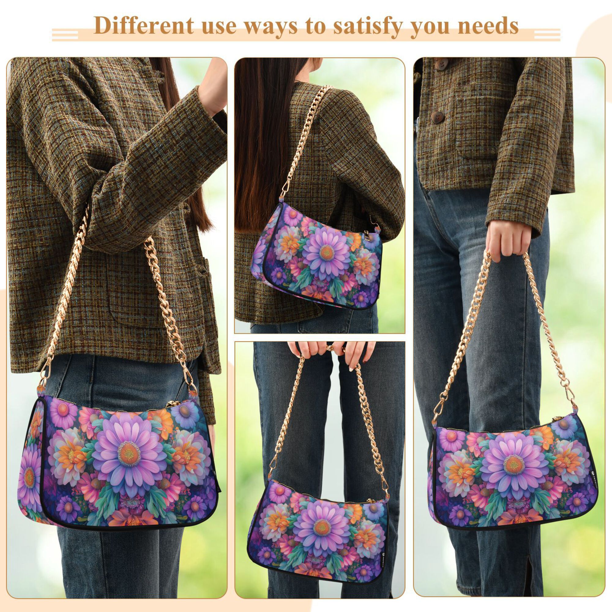 FORMRS Womens Shoulder Bag with Chain Strap Clutch Purse Cute Tote Handbag, Light Purple Flowers