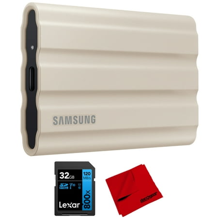 Image of Samsung MU-PE2T0K/AM T7 Shield Portable Solid State Drive 2TB Beige (2022) Bundle with Lexar 32GB 800x UHS-I SDHC Memory Card and Microfiber Cleaning Cloth