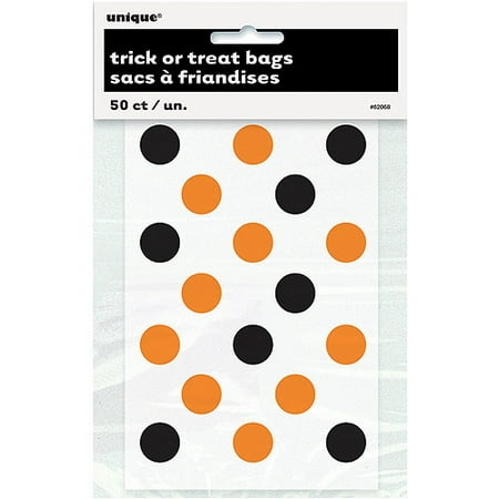 Small Plastic Orange & Black Polka Dot Halloween Candy Bags, 50ct