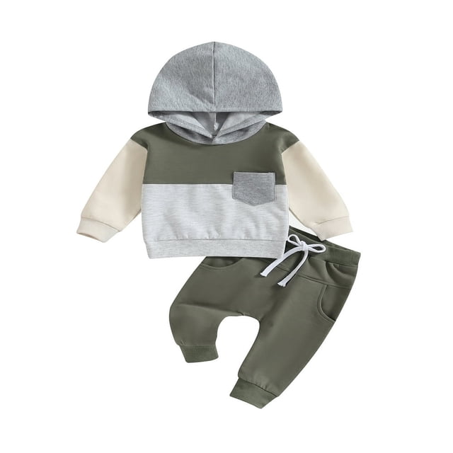 Baby Boy Fall Outfits Classic Long Sleeve Contrast Color Pocket Hoodie + Pants Set Toddler Clothes
