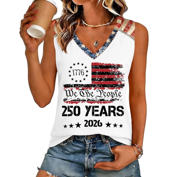 Women's 250th Anniversary Tank Top Sleeveless V Neck 1776-2026 Patriotic Vest Independence Day USA Flag Tee Beige XXL