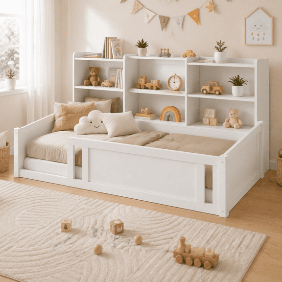 Miniyam Twin Size Floor Bed, Kids Bed Frame with Guardrails and 6 Built-In Side Storage Shelves, White