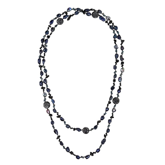 Versatile Long Mixed Freshwater Black Pearl and Stones Link Necklace