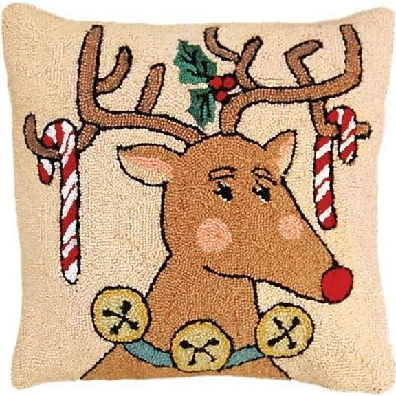 Throw Pillow Reindeer & Candy Cane Christmas Holiday 20x20 Beige Cotton