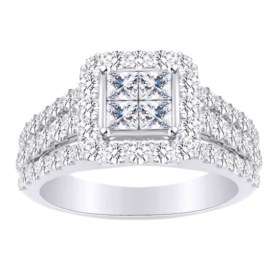 AFFY Princess & Round Cut White Natural Diamond Three Row Engagement Ring In 10k White Gold (1 cttw) Ring Size-4