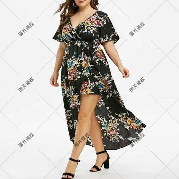 DailyTrove Women's Floral Print High-Slit Maxi Dress, Short Sleeve, Casual Beach & Evening Wear, Lightweight Chiffon Blend, Fit & Flare