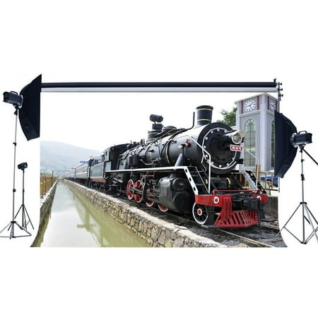 GreenDecor Polyster 7x5ft Photography Backdrop Locomotive Vintage Old Steam Train Railrod Tracks Nature Travel Backdrops for Baby Kids Lover Portraits Background Photo Studio