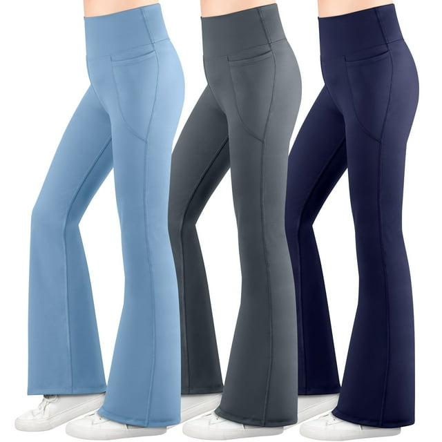 BIG ELEPHANT 3 Packs de Leggings Acampanados para Niña con Bolsillos Laterales, Pantalones Acampanados de Cintura Alta para Baile