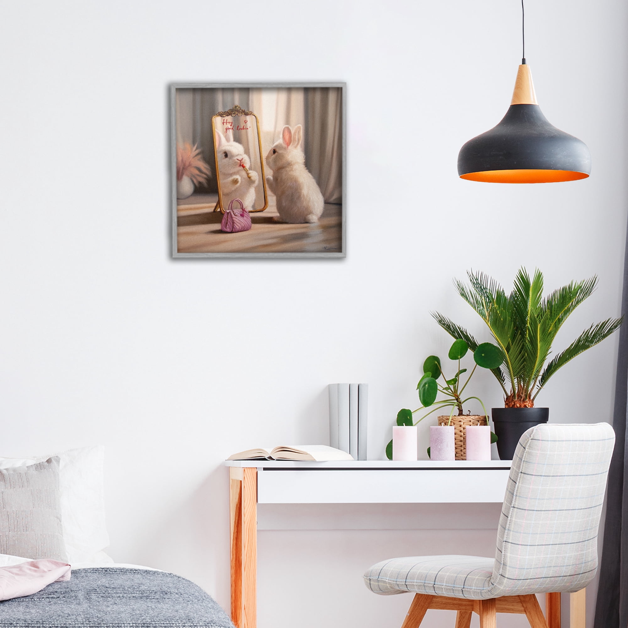 Stupell Industries Final Touch Makeup Bunny Gray Framed Giclee Art, design by Lucia Heffernan