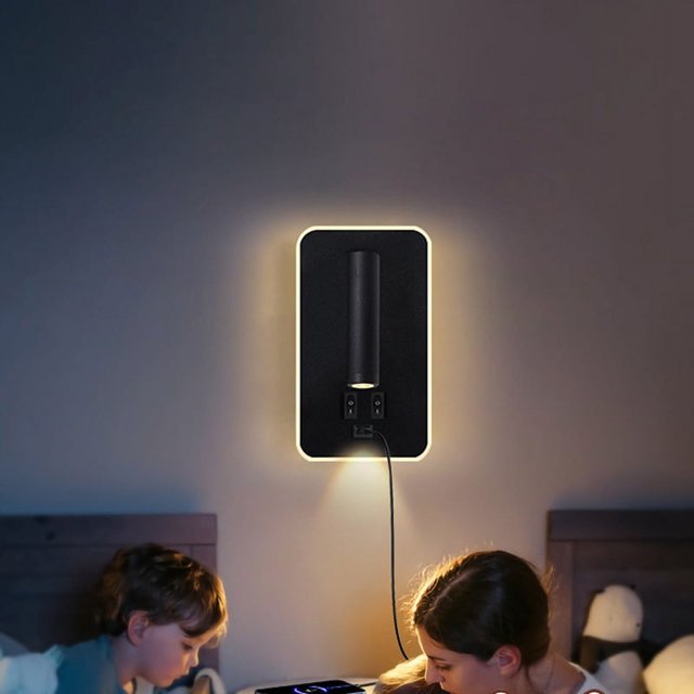 Lámpara de pared con luz de fondo, carga USB, rotación de 330 grados, lámpara de pared ajustable, lámpara de estudio para mesita de noche, lámpara de lectura, color negro