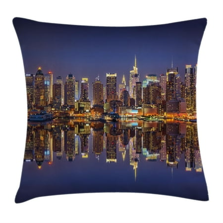New York Throw Pillows Landscape Throw Pillow Cushion Cover, Cityscape Scenery of New York City at Midnight Usa Ocean Reflection Coast Photo, Decorative Square Accent Pillow Case, 18 X 18 Inches, Multicolor, by Ambesonne ()