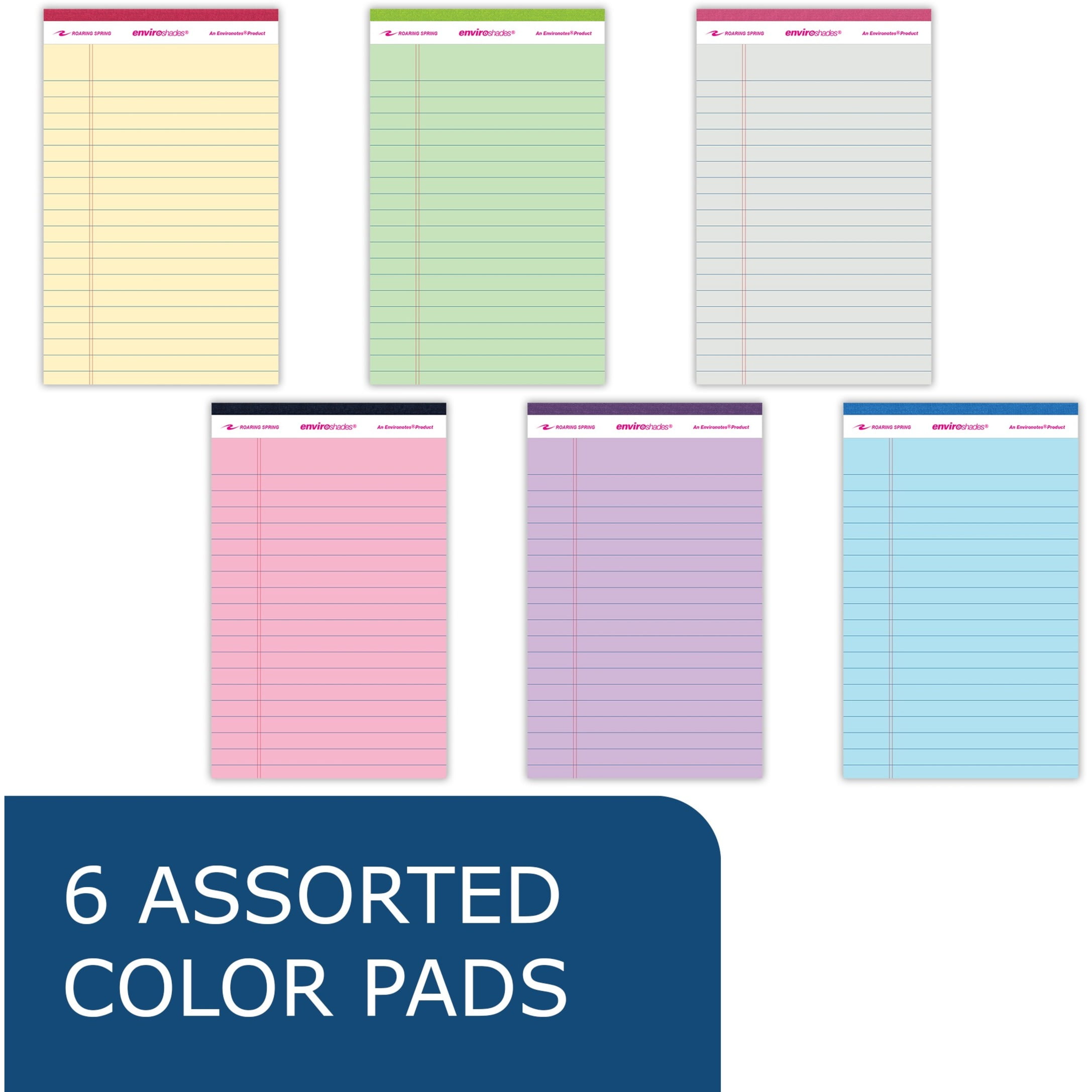 Roaring Spring Enviroshades Case of Mini Recycled Legal Pads, 12 Six Packs, 5" x 8" 50 Sheets, Assorted Colors