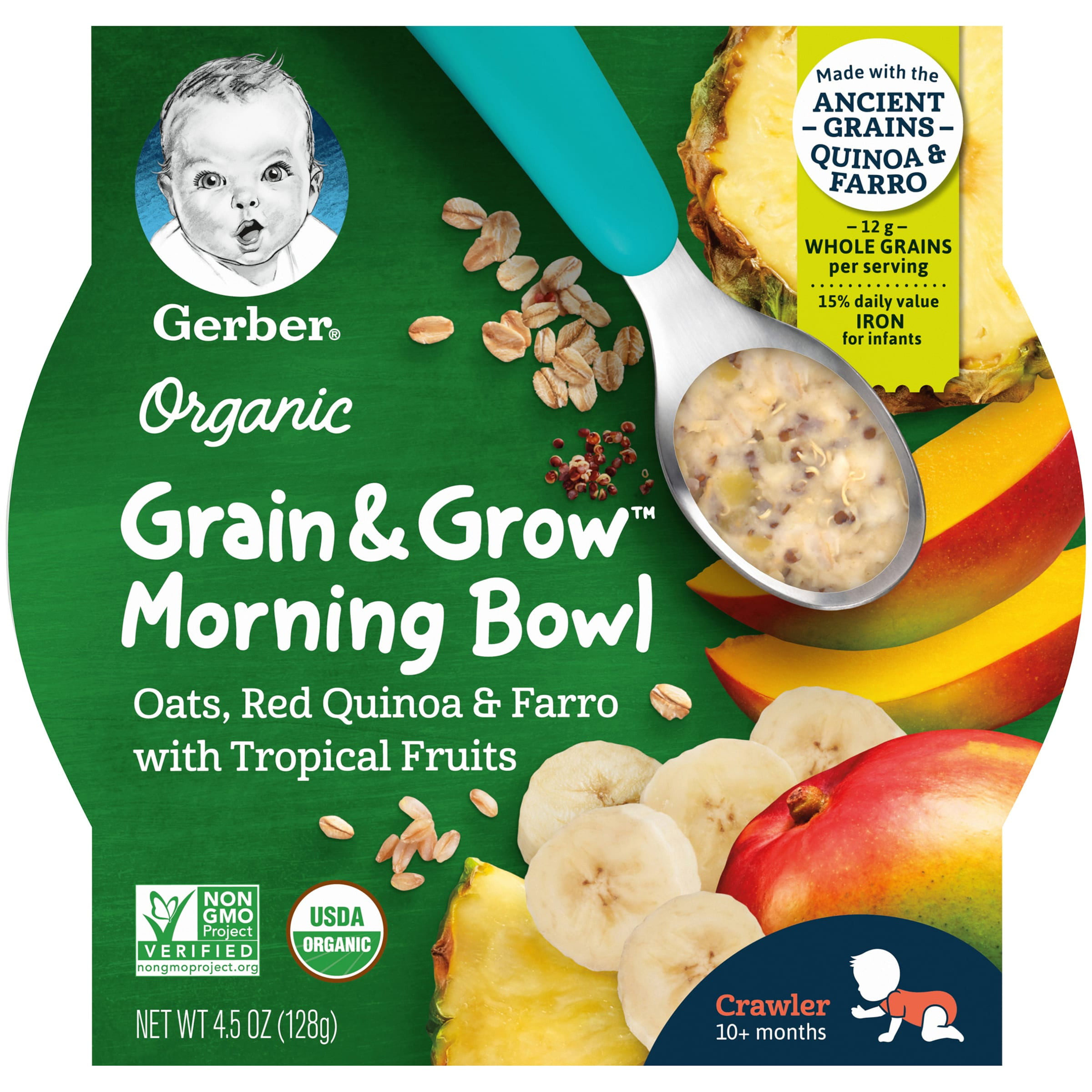 Gerber Organic Grain & Grow Morning Bowl, Oats Red Quinoa & Farro with Tropical Fruits, 4.5 oz Tray