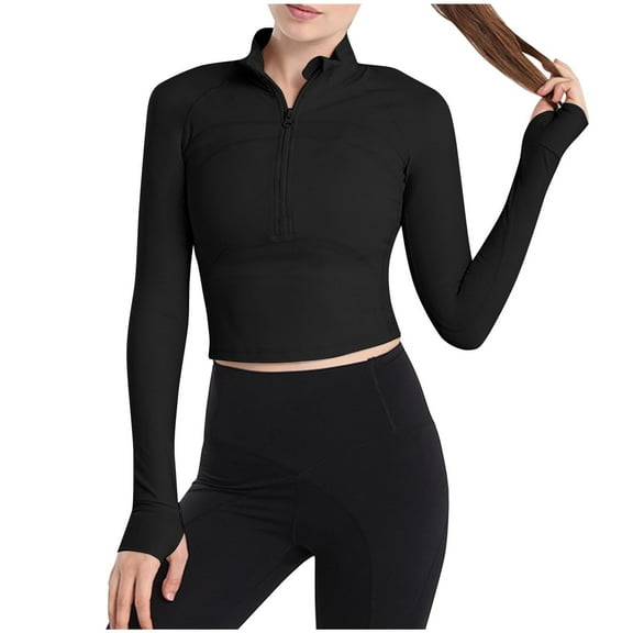 UTSJKR Women's Cropped Workout Tops 1/2 Zip Pullover Running Athletic Jacket Outwear Stretch Light Quick Dry Blouses Slim Fit Long Sleeve Yoga Tops Black XL