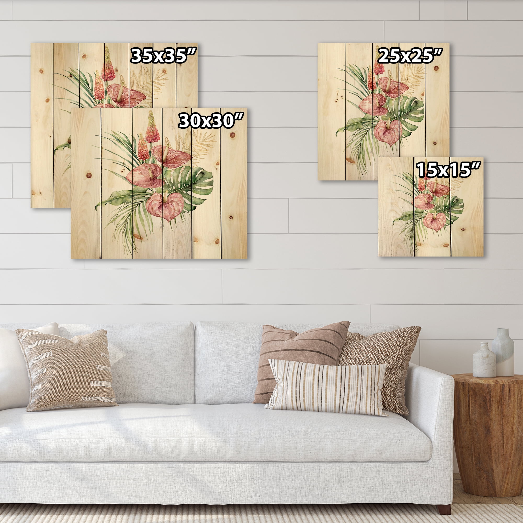 Designart 'Tropical Bouquet With Anthurium Lupine and Leaves On White I' Traditional Print on Natural Pine Wood