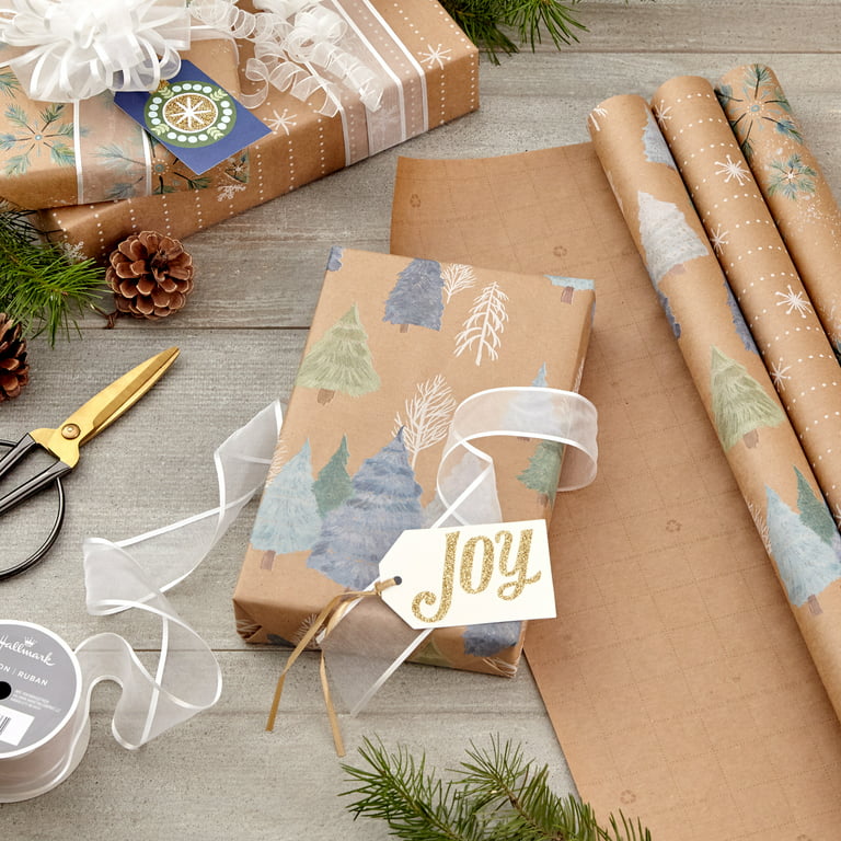 Hallmark Holiday Sustainable Kraft Tri-Pack with Cut Lines on Reverse (3  Rolls: 90 sq. ft. ttl) Wintry Nature: White Snowflakes, Blue and Green  Foliage, Christmas Trees 