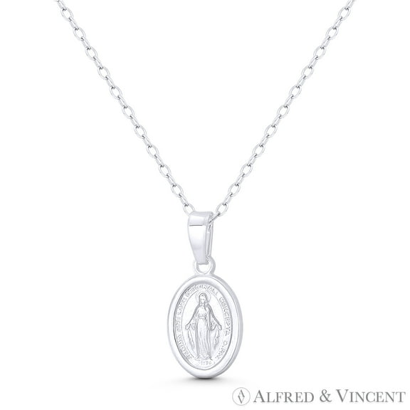 Holy Mother Virgin Mary "Regina Sine Labe Originali Concepta" & Marian Cross 19x9mm (0.75x0.35in) Miraculous Medal Pendant & Chain Necklace in .925 Sterling Silver