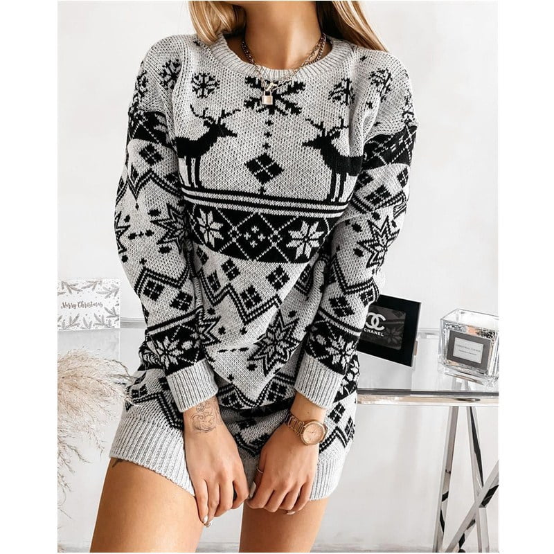 Christmas theme ladies new sweater Elk snowflake Christmas jacquard knitted dress gray S Walmart