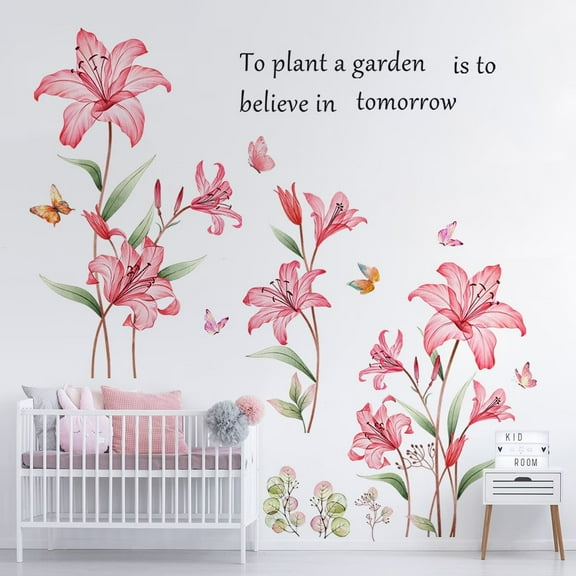 Large Lily Flower Wall Decals Pink Floral Butterfly DIY Peel and Stick Wall Stickers for Girls Bedroom Nursery Living Room Decor