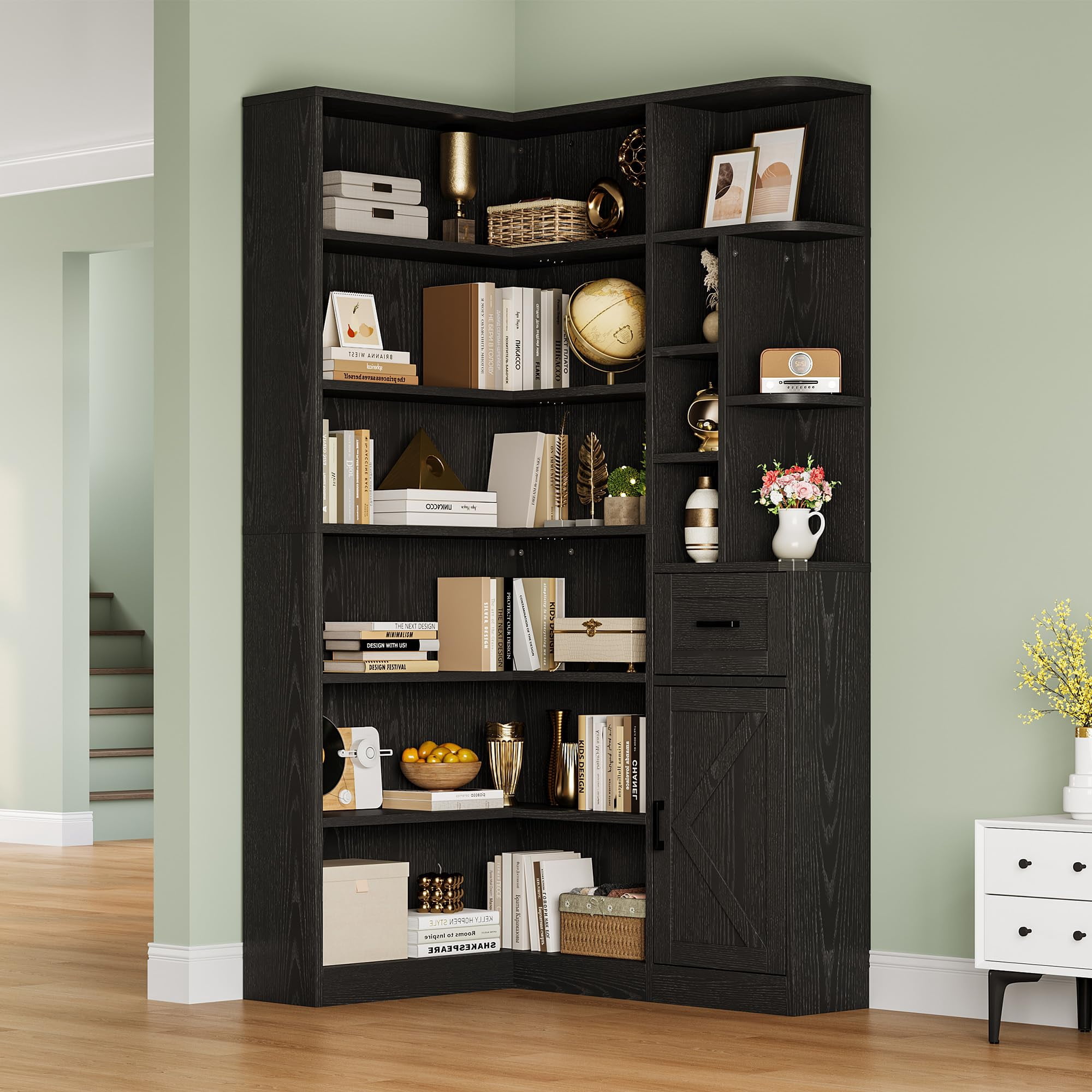74'' Tall Corner Bookshelf - 6-Tier Book Shelf with Drawer and Cabinets, Freestanding L Shaped Display Shelf Stand for Home Office, Living Room, Bedroom