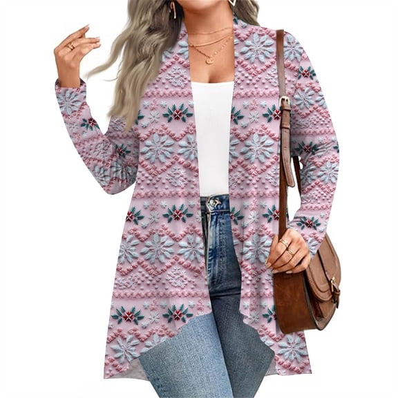 Women's Fall and Winter Fashion Casual Print Long Sleeve Mid-Length Cardigan Jacket, Christmas Theme for Holiday Season,Purple Pink,XL