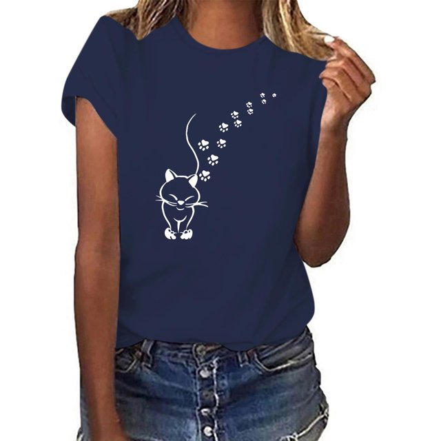 Fartey T-Shirts Graphiques Mignons pour Femmes Tendance Été Manches Courtes Col Rond Blouses Décontractées Amples T-Shirts Quotidiens Doux Confortables Tops d'Entraînement 2025 Marine P-3TG