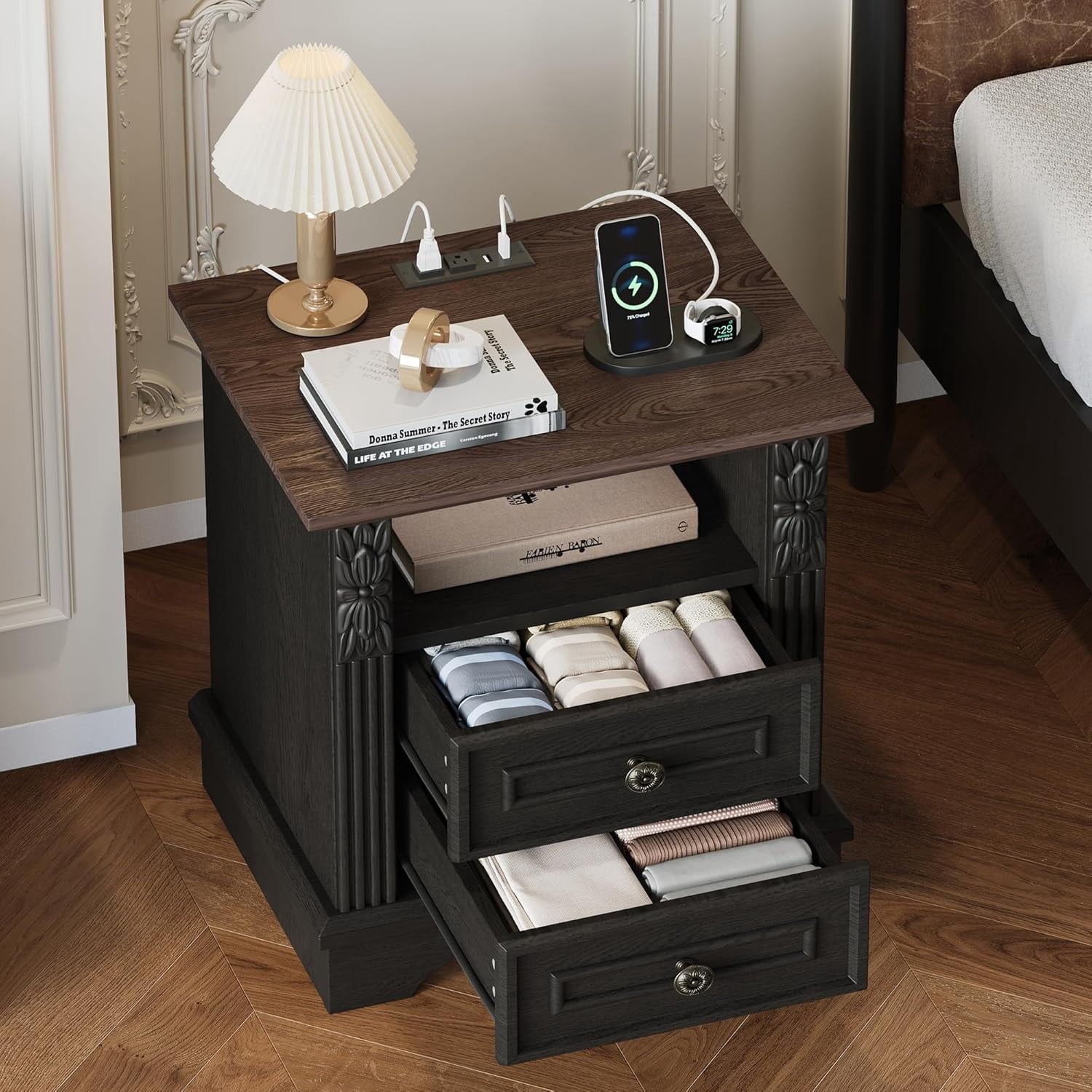 BOSHIRO Farmhouse Nightstand with Charging Station, Black & Brown Bedside End Table with Carved Pilasters, 2 Drawers and Open Shelf for Bedroom