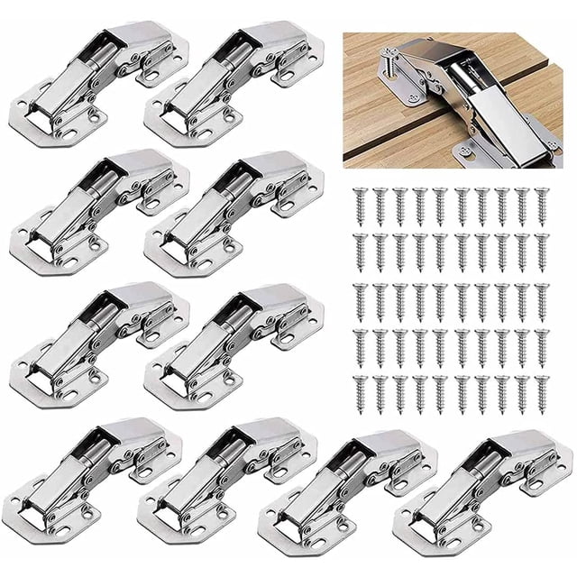 bisagra de puerta de gabinete de 10 piezas, bisagra de puerta de cocina, bisagra de gabinete de 90° de 3 pulgadas, bisagra invisible, tornillo de coincidencia, adecuado para puertas de gabinete: conjunto de diez bisagras invisibles con brazo articulado y placa de montaje, acabado metálico visible y juego de tornillos dispuestos en filas; foto de instalación en una puerta de cocina de madera; a menudo usado para renovar puertas pequeñas de armarios.