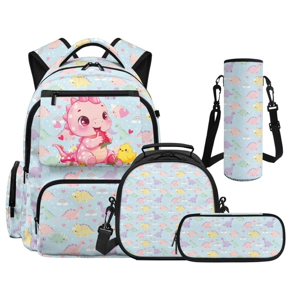 HUIACONG 4PCS Pink Dino Student School Backpack Set, 17" Lightweight Bookbag with Lunch Box for Kids Age 7-12
