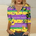 thumbnail image 1 of UPPADA Femmes T-Shirts à Manches 3/4 Mardi Gras Yall T-Shirts à Imprimé Floral Col Ras du Cou Blouse à devant Plissé Hauts d'Été Décontractés Chandail à Enfiler Haut Mode Fête Défilé Hauts Hauts pour Femmes Offres à Manches 3/4, 1 of 5