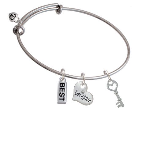 Open Heart Key Daughter Heart Expandable Bangle Bracelet