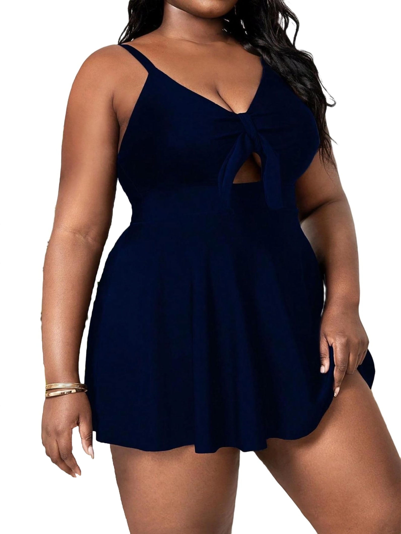 Plain Spaghetti Strap Navy Blue Plus Size Swimsuit (Women's Plus