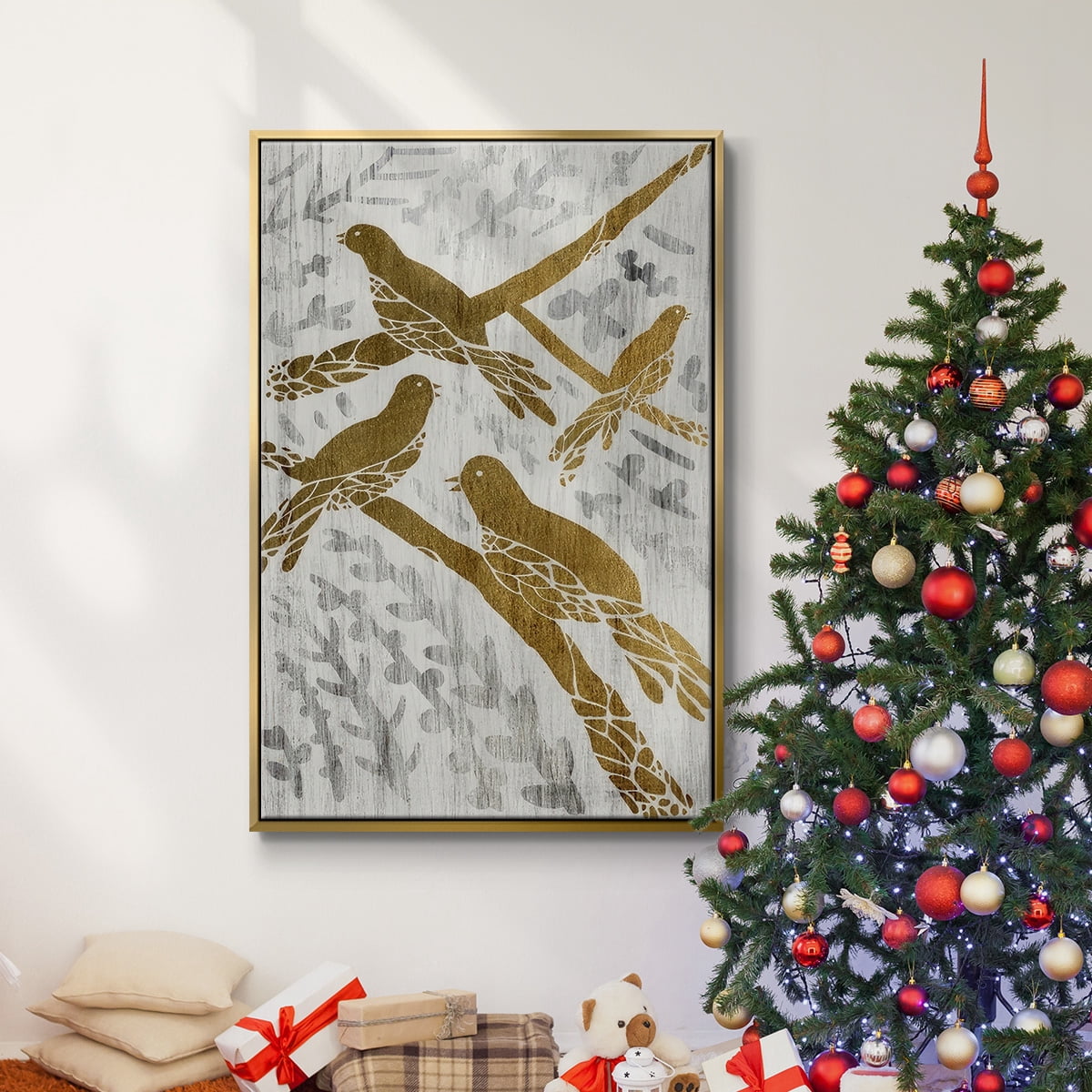 Four Calling Birds - Gold Leaf Holiday - Framed Gallery Wrapped Holiday Canvas - 25 x 37 - Gold Frame