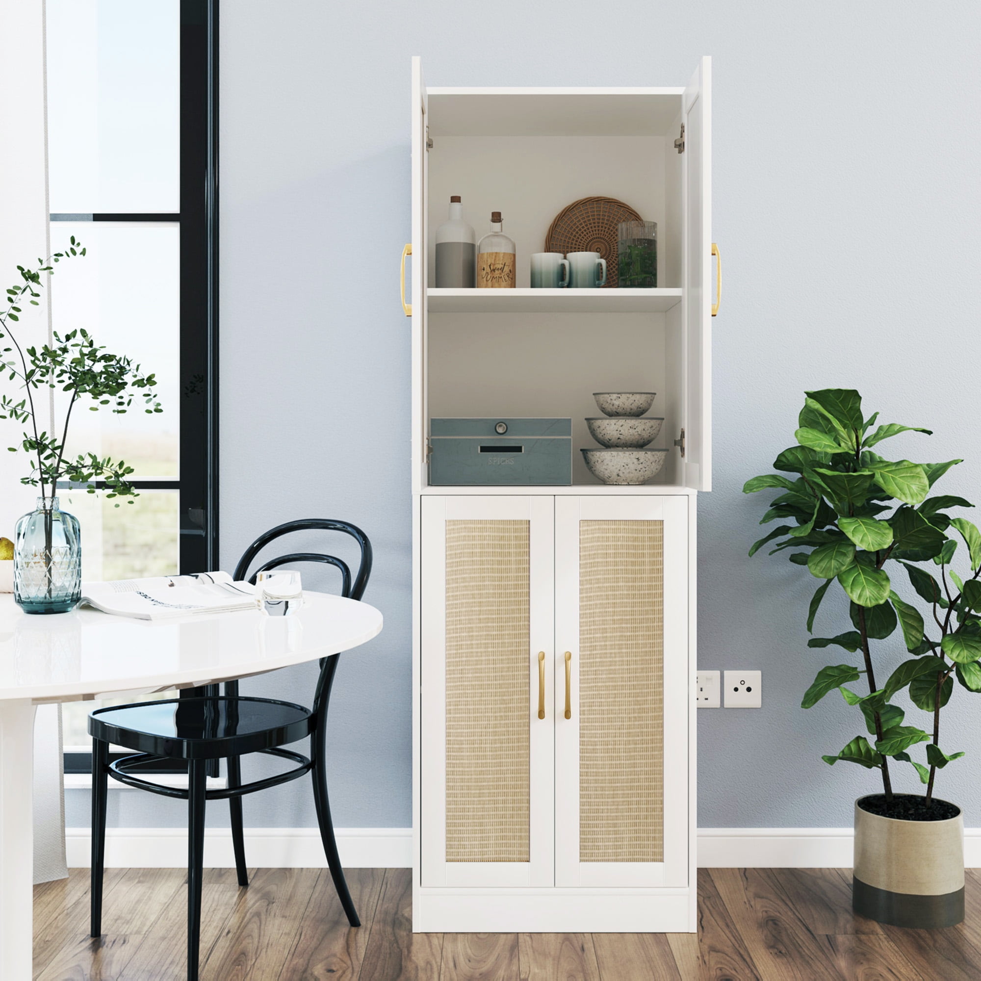 BOCVKENN Storage Cabinet - Kitchen Pantry Cabinet, Tall Pantry Storage Cabinet Freestanding with 4 Rattan Doors and Adjustable Shelves, Cupboard Cabinet for Dining Living Room, Laundry, Bathroom