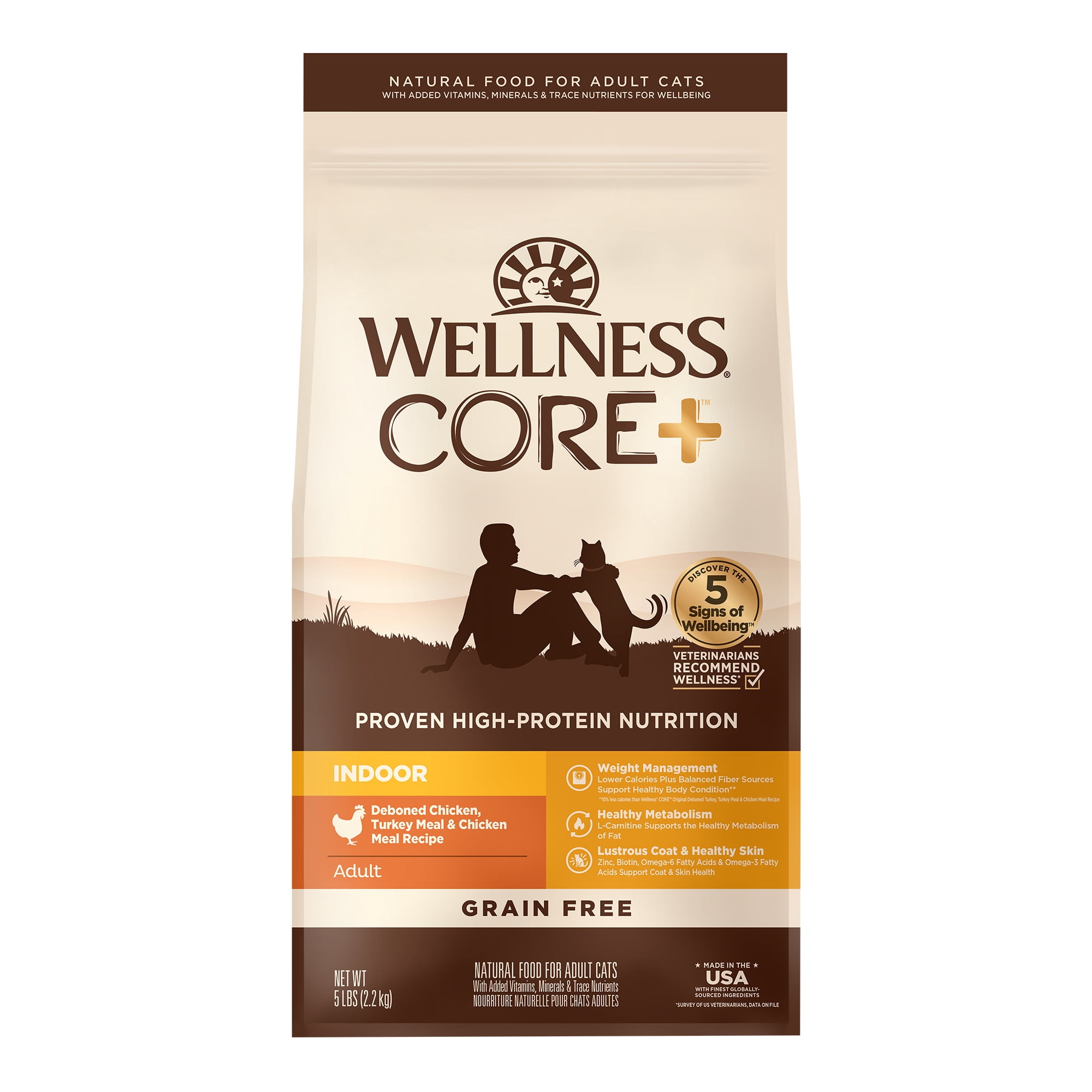 Wellness CORE+ Adult Dry Cat Food for Indoor Cats, Natural, Grain Free Kibble, Chicken, Turkey and Chicken Meal Recipe, 5 lb Bag