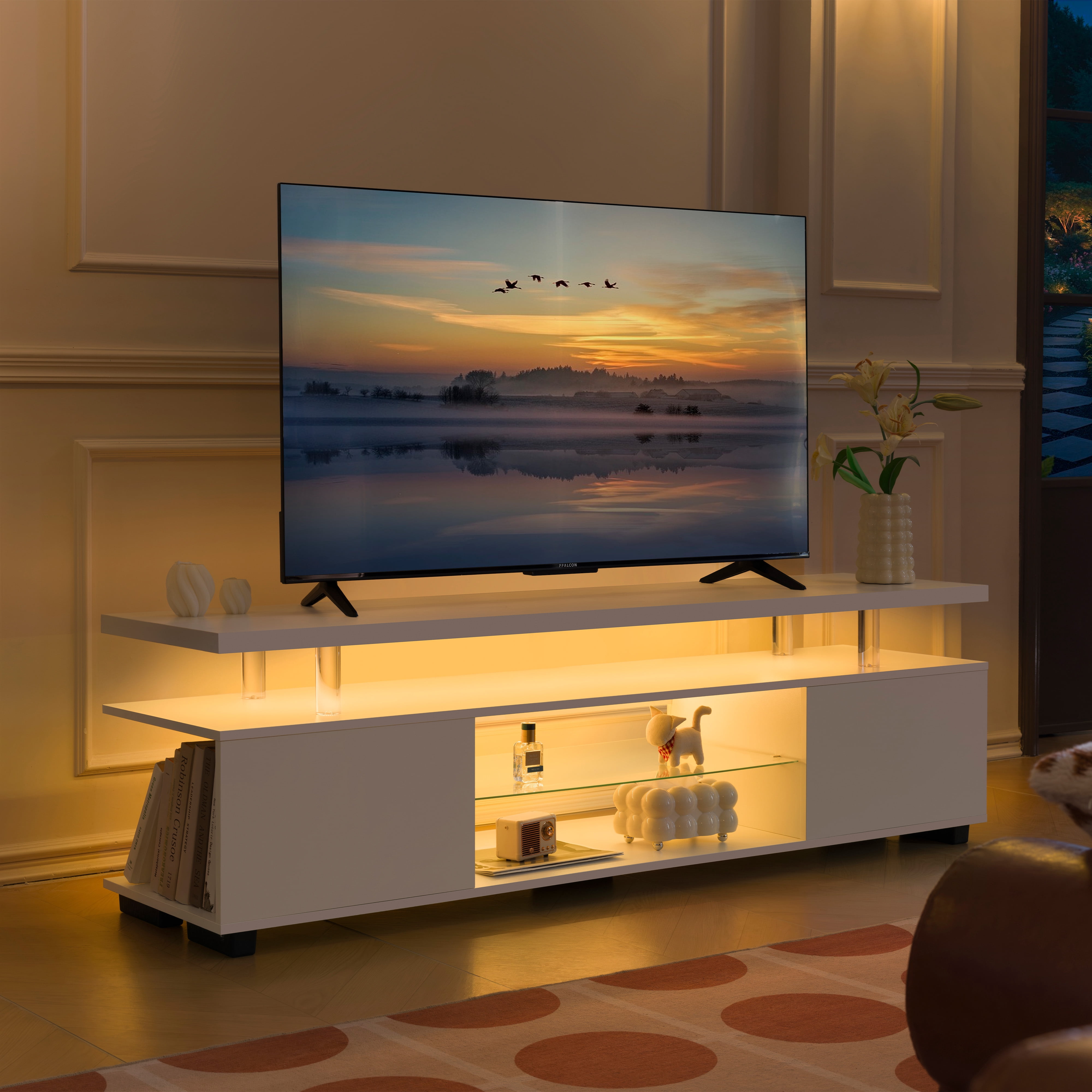 Cubehom LED TV Stand for 60 inch TV,  51'' Wood Entertainment Center with Storage, White