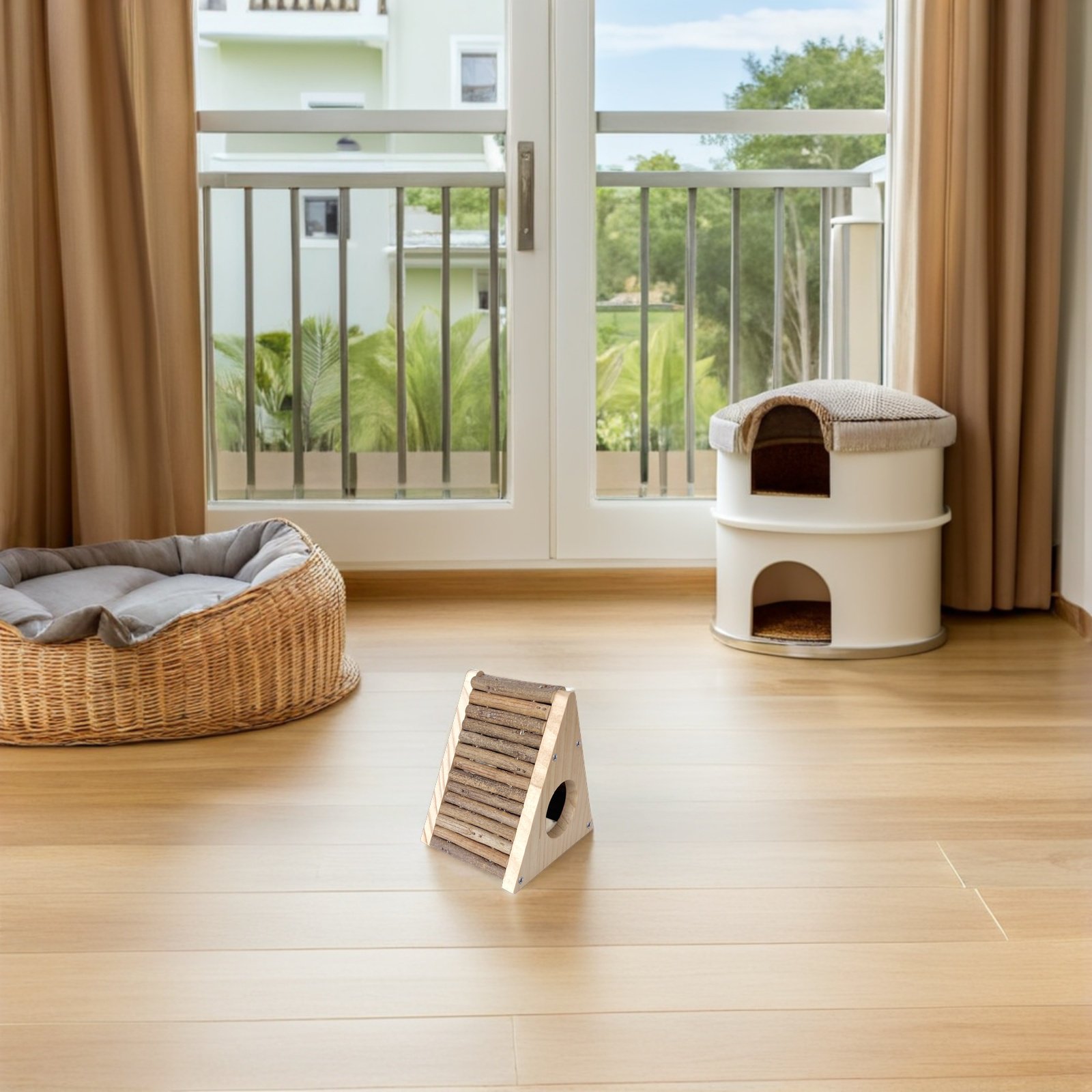 OULII Wooden Hamster Hideout House with Ladder, Chew-Friendly Shelter for Small Pets, Guinea Pigs, Mice, Rats